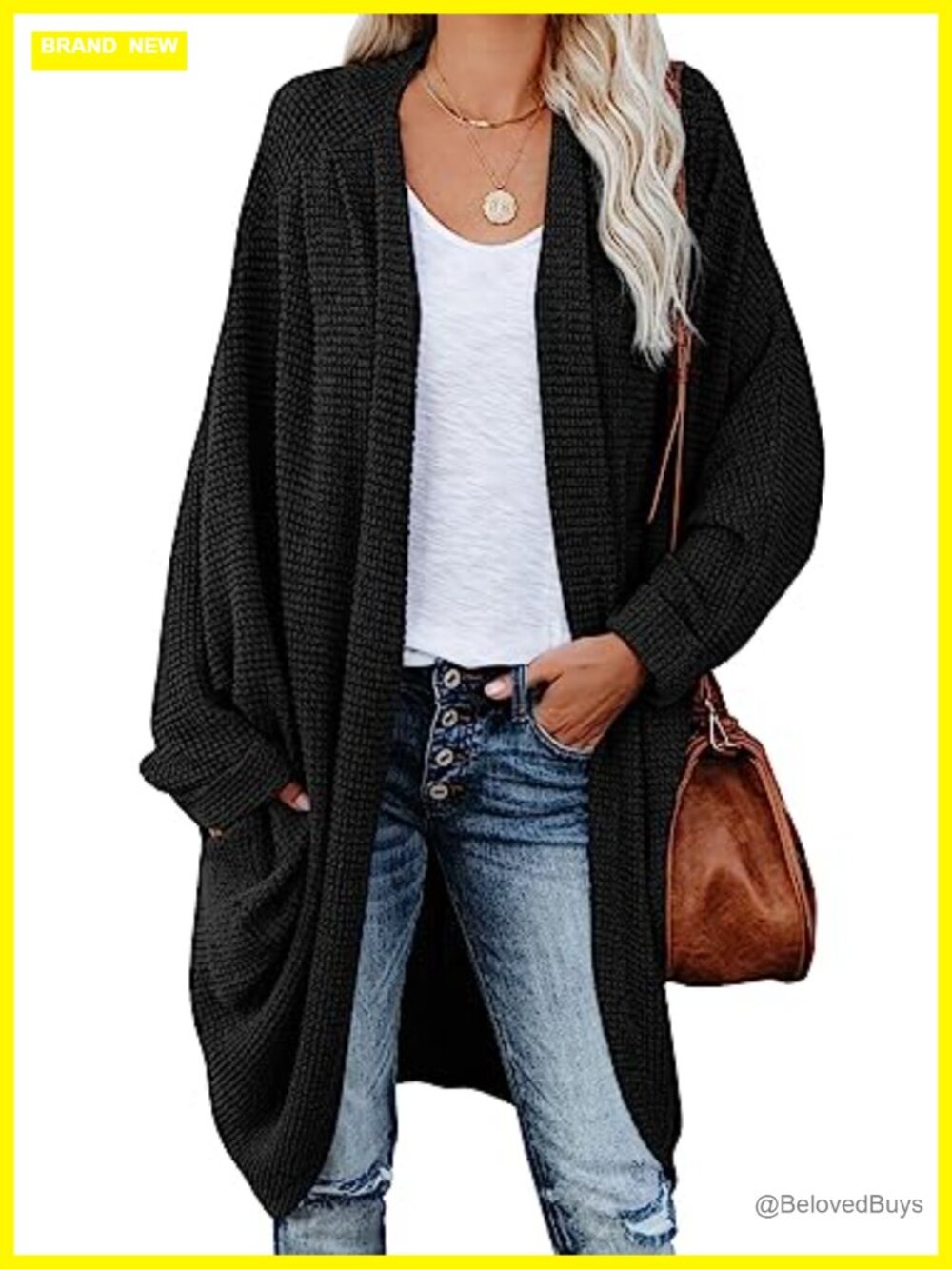 Womens Oversized Chunky Knit Cardigan Batwing Sleeve Waffle Cable Boho Sweater